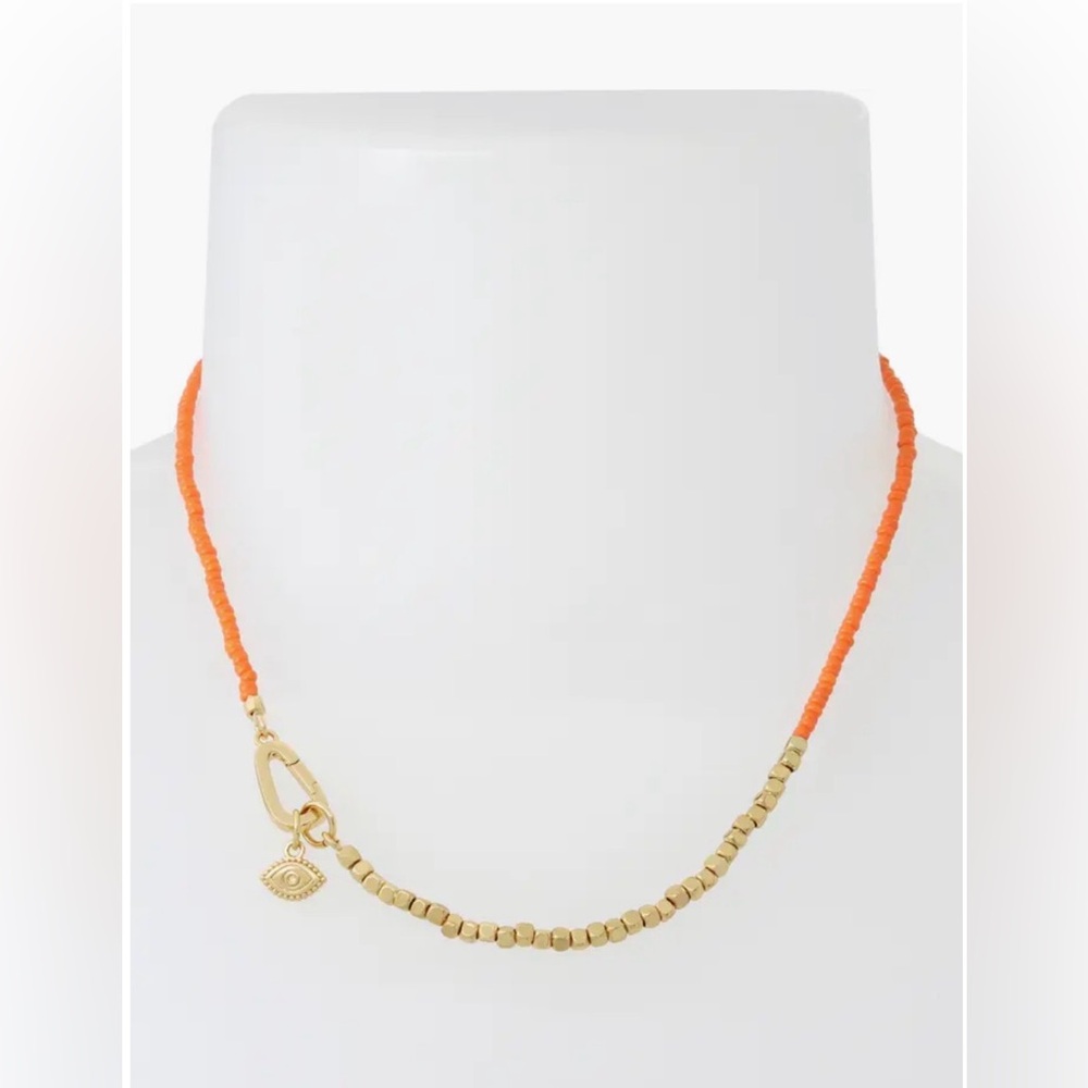All Saints Orange Bead & Gold Charm Evil Eye Necklace NWT